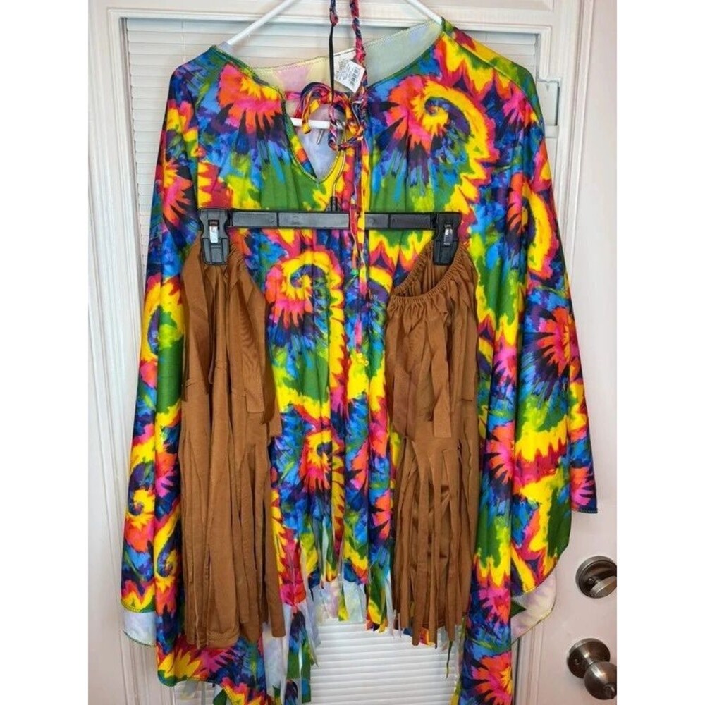Fun World Tie Dye Hippie Poncho Costume with Fringe & Boot Covers One Size 4–14